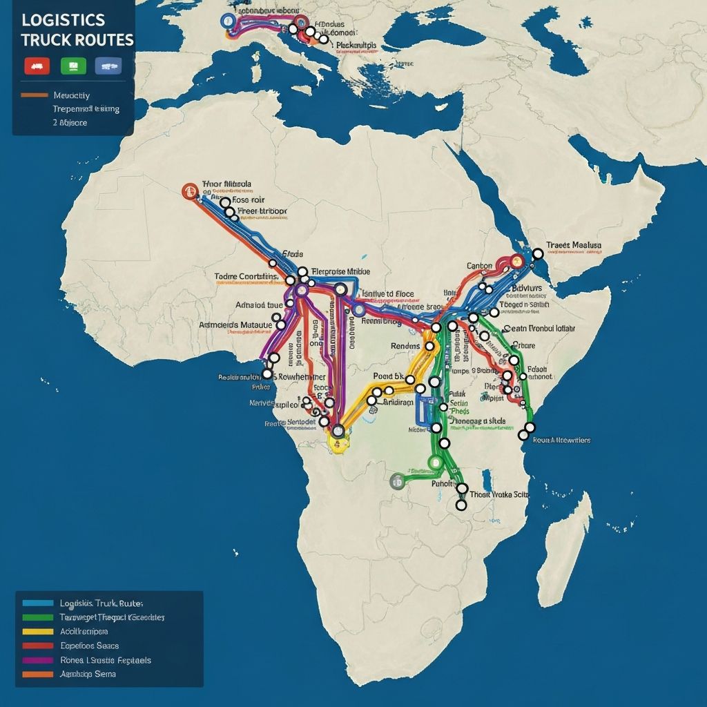Logistics network map showing routes across Southern Africa