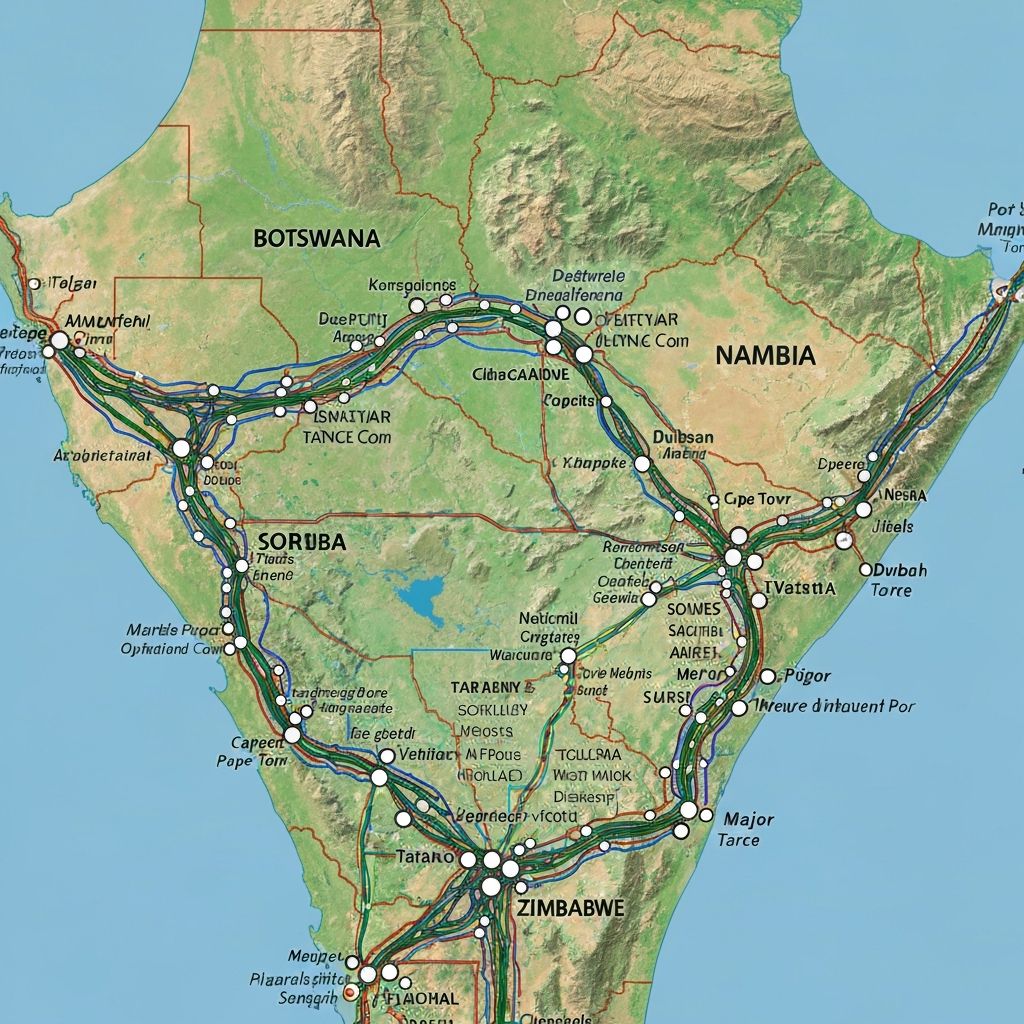 Coverage map showing logistics network routes across Southern Africa